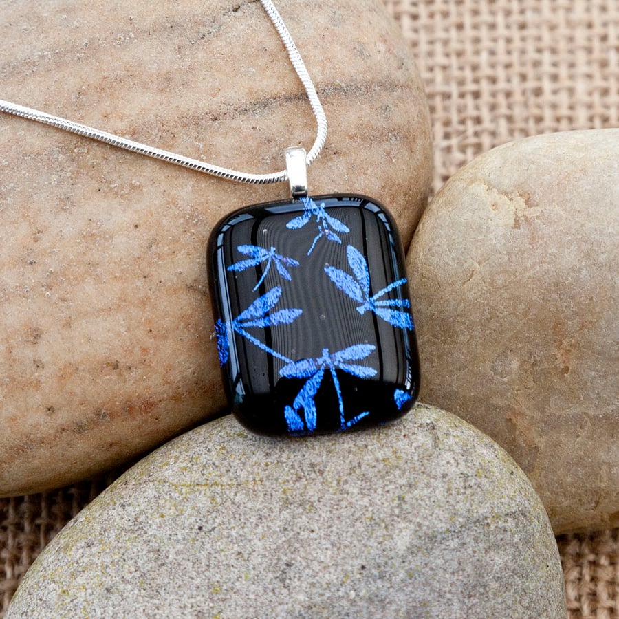 Dark Blue Dragonfly Etched Dichroic Fused Glass Pendant