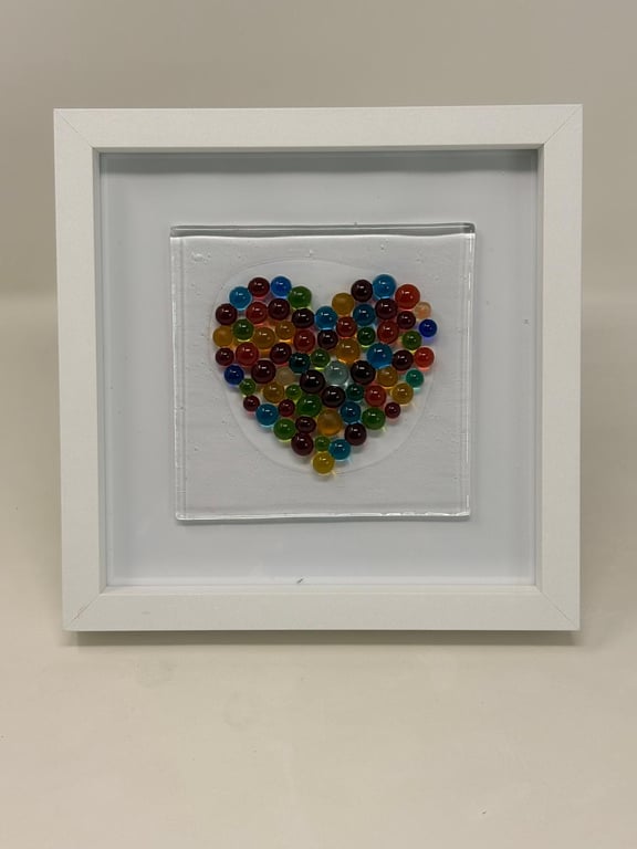 Framed Fused Glass Multi-Coloured Dots Love Heart