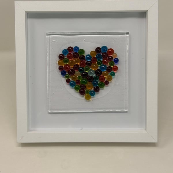 Framed Fused Glass Multi-Coloured Dots Love Heart
