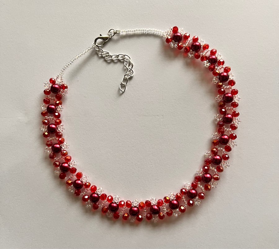 Red glass Pearl & Crystal Bead Choker Necklace 13"