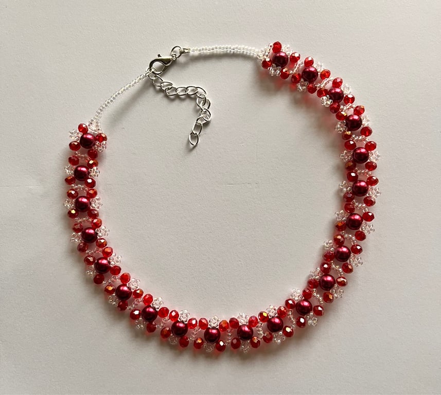 Red glass Pearl & Crystal Bead Choker Necklace 13"