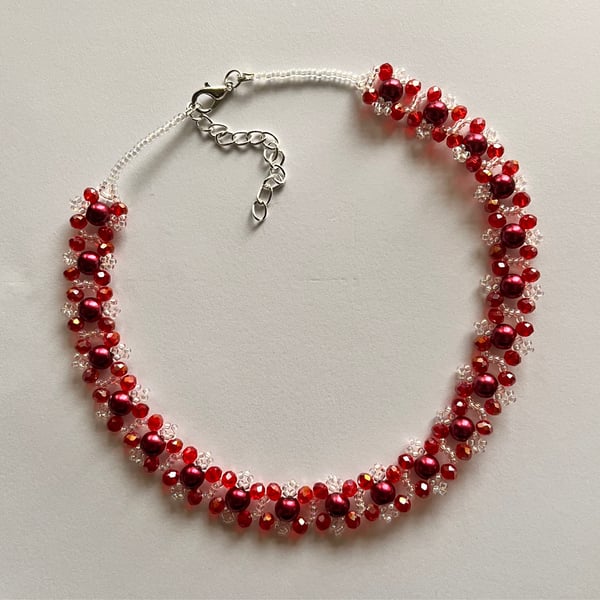 Red glass Pearl & Crystal Bead Choker Necklace 13"