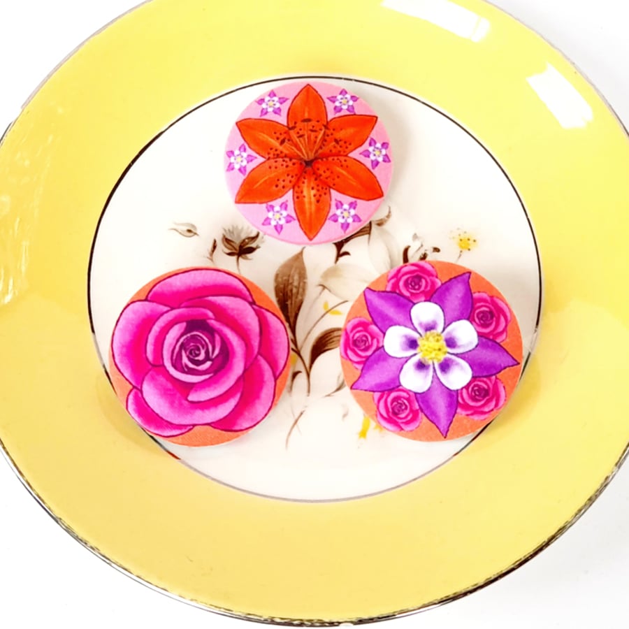 Large Handmade Flower Fabric Buttons Set of 3 size 38mm 