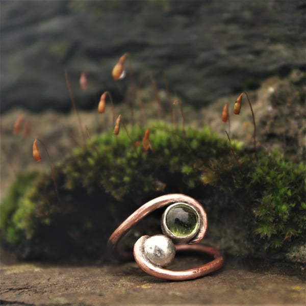 Organic Copper and Silver Ring with Peridot