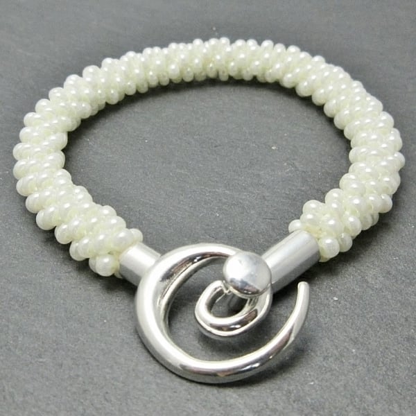 Pearly White Braided & Woven Kumihimo Seed Bead Fashion Bracelet 