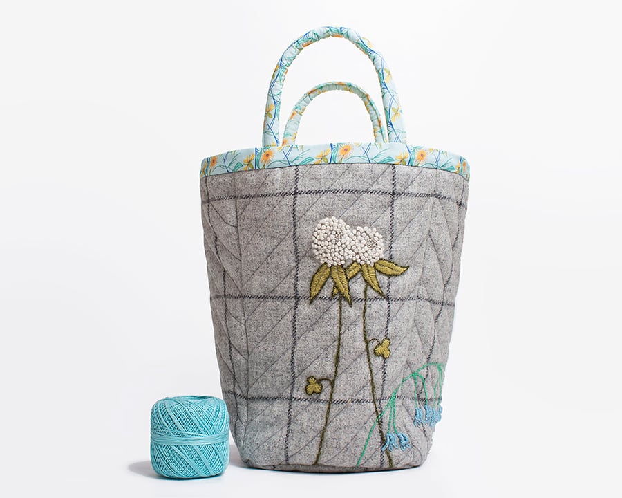 Big grey checked project bag with hand embroidered clover and bluebells