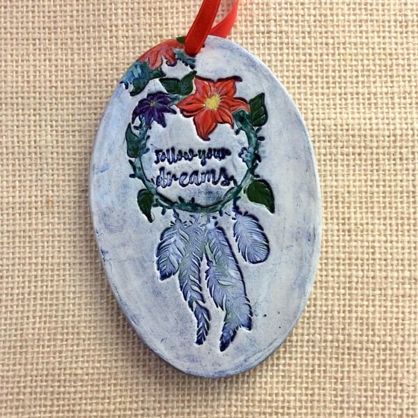 Blue dreamcatcher hanging ornament - Ceramic art with flowers and feathers 1LL