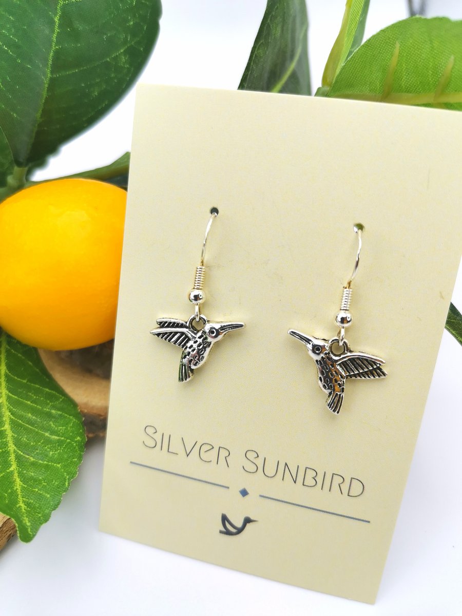 Hummingbird Silver Dangle Earrings made with Sterling Silver Earring Hooks