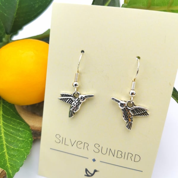 Hummingbird Silver Dangle Earrings made with Sterling Silver Earring Hooks