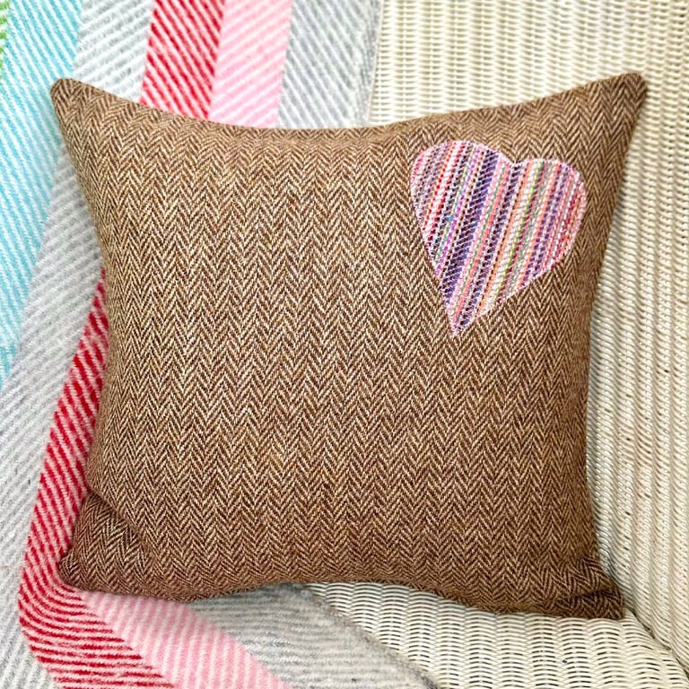 Tweed Appliqué Heart Scatter Cushion with Pad, Brown 36x36cm