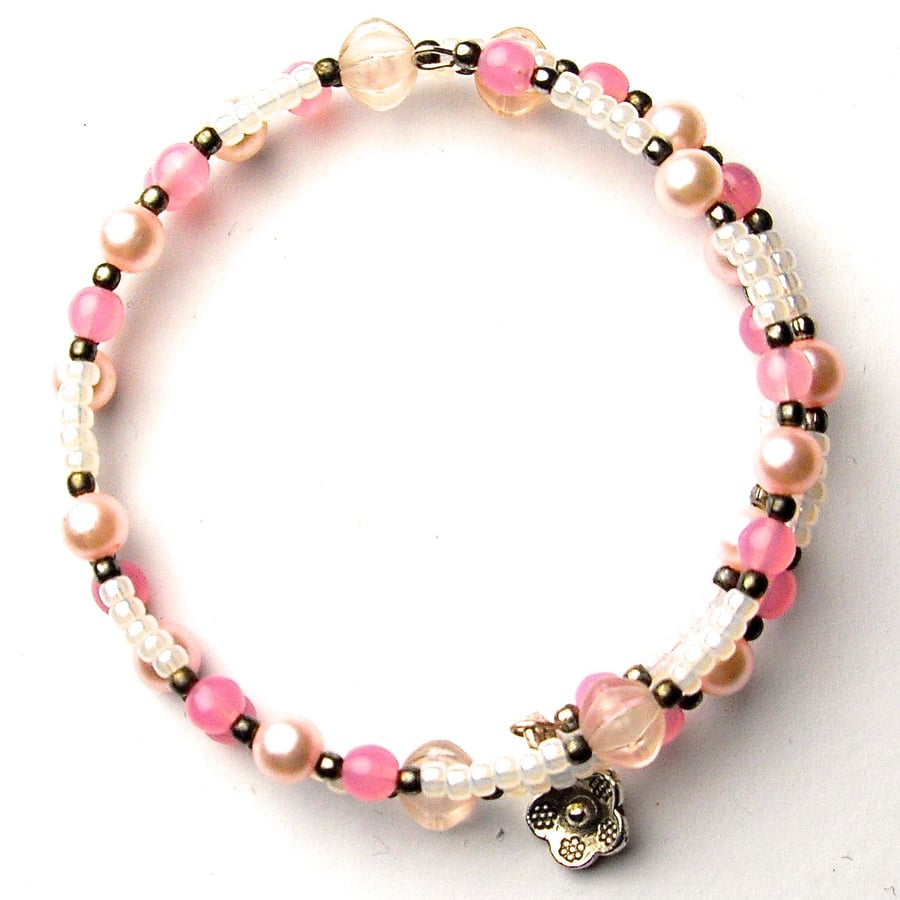 Pink and White Vintage Bead Memory Wire Bracelet - UK Free Post