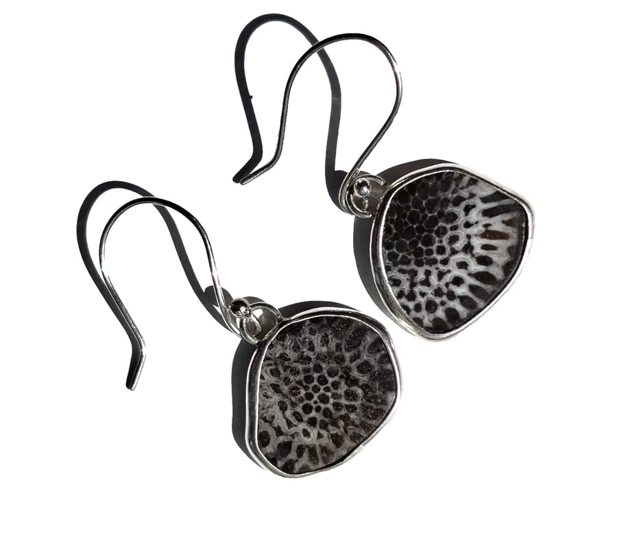 Black Fossil Coral Earrings Fine & Recycled Silver Jewellery Gift Drop Dangle