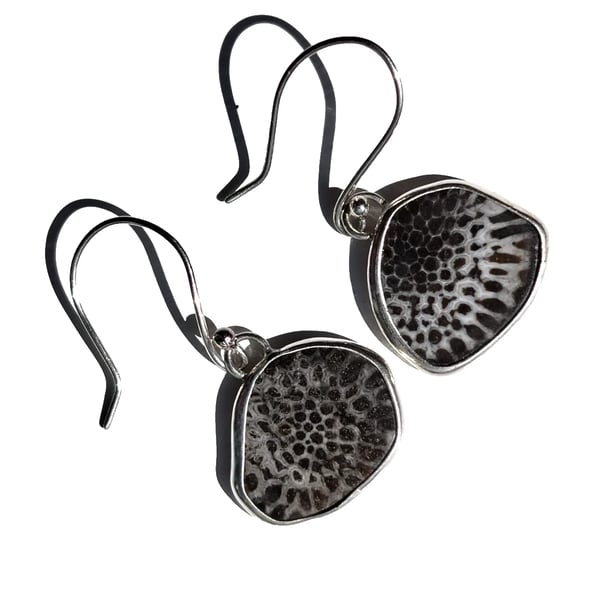 Black Fossil Coral Earrings Fine & Recycled Silver Jewellery Gift Drop Dangle