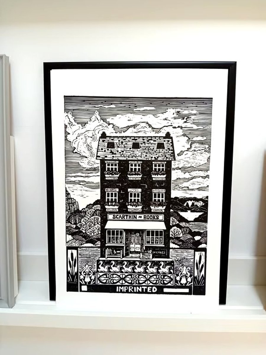 Linocut print of a bookshop An Original limited edition lino print