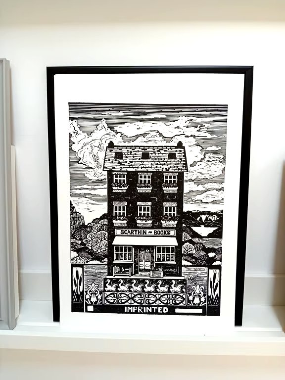 Linocut print of a bookshop An Original limited edition lino print