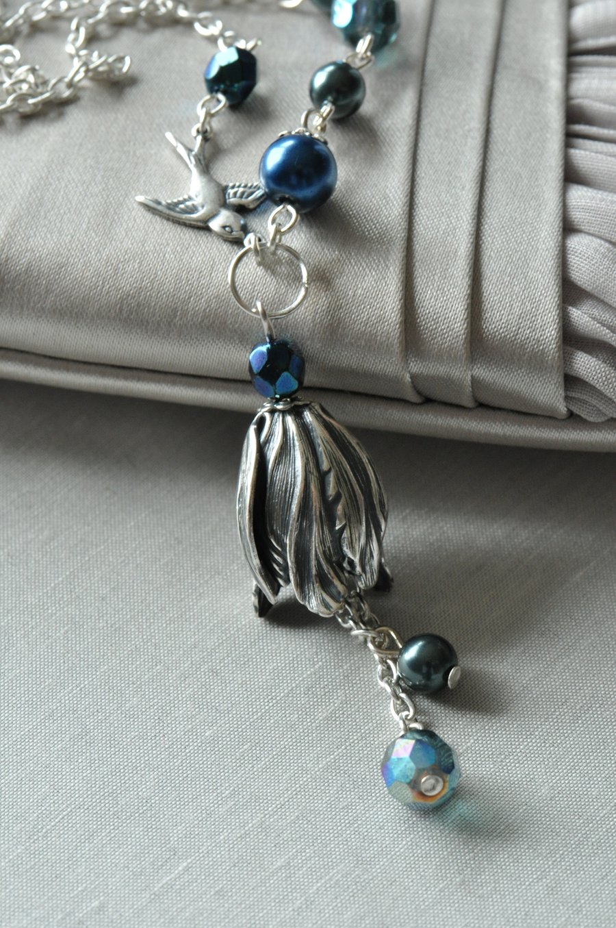 Flight of Fancy Trinity Brass Tulip & Bird Necklace with Czech & Glass Beads