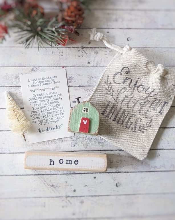 Little Wooden Handmade House in a Bag with Christmas Tree 'Home' 