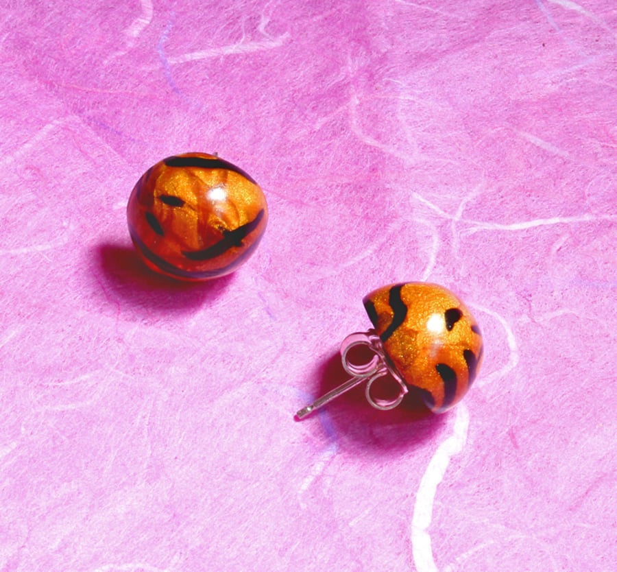  Ear Studs,Handmade Polymer Clay Earrings - Golden Tiger !