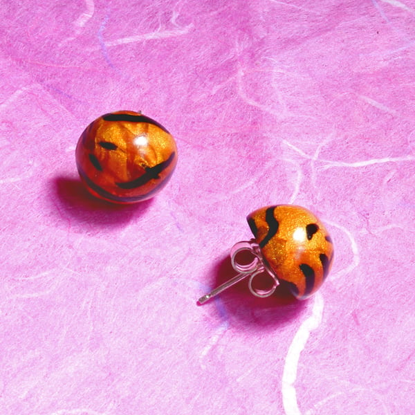  Ear Studs,Handmade Polymer Clay Earrings - Golden Tiger !