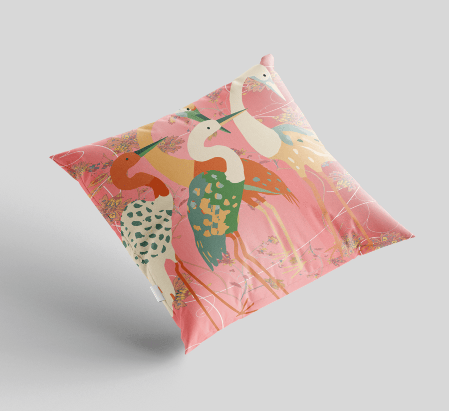 1 CRANE LIFE CUSHION - PINK and Multi FAUX SUEDE or POLY LINEN.
