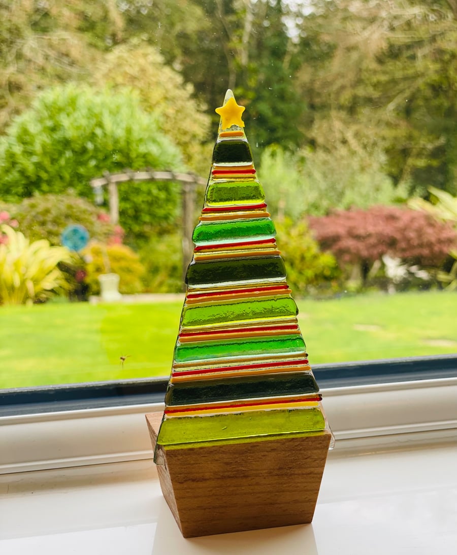 Fused glass Christmas tree in shades of blue glass with yellow glass star 