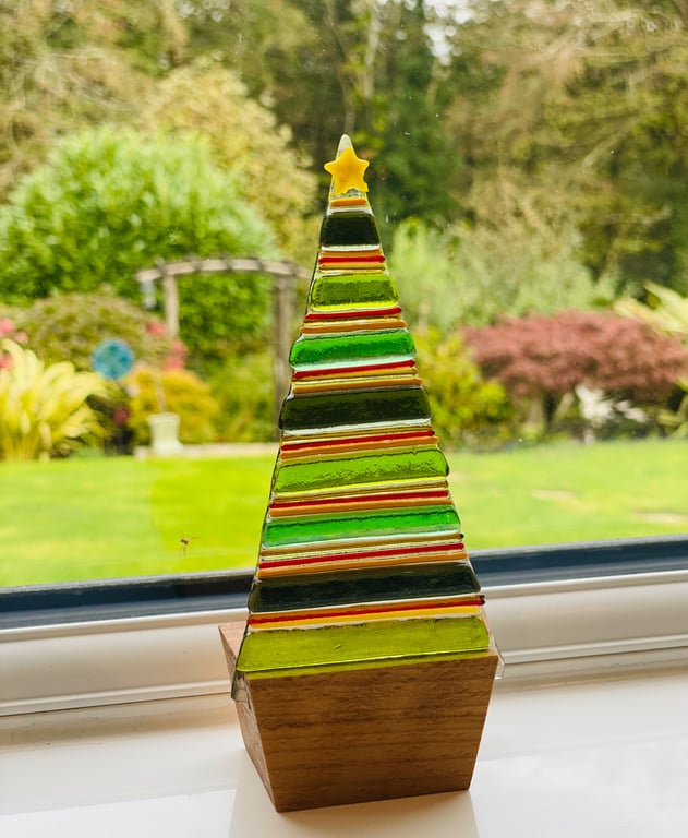 Fused glass Christmas tree in shades of blue glass with yellow glass star 