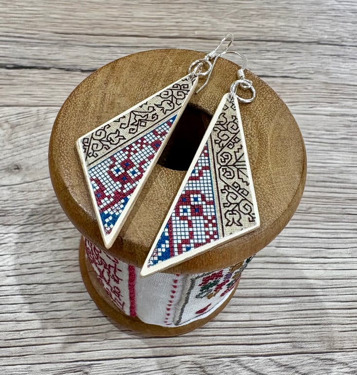 Upcycled wood earrings - cross stitch