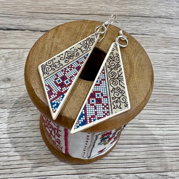 Upcycled wood earrings - cross stitch