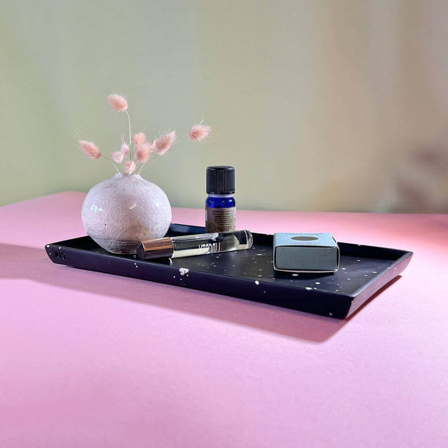 Black Rectangular Terrazzo Tray, Decorative Desk & Vanity Trinket Organiser 