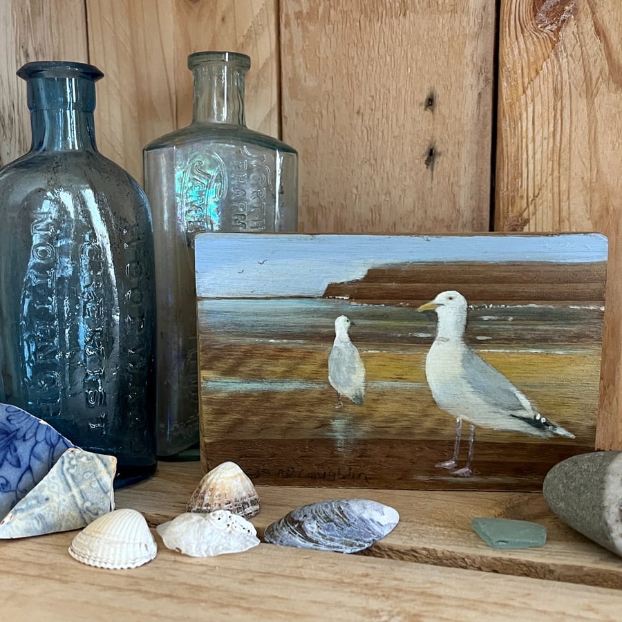 Original acrylic painting of seagulls on reclaimed timber