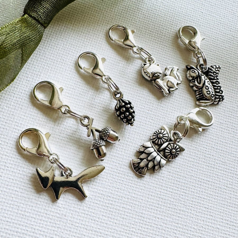 Woodland clip on charms, zipper pull, stitch markers   Set of 6