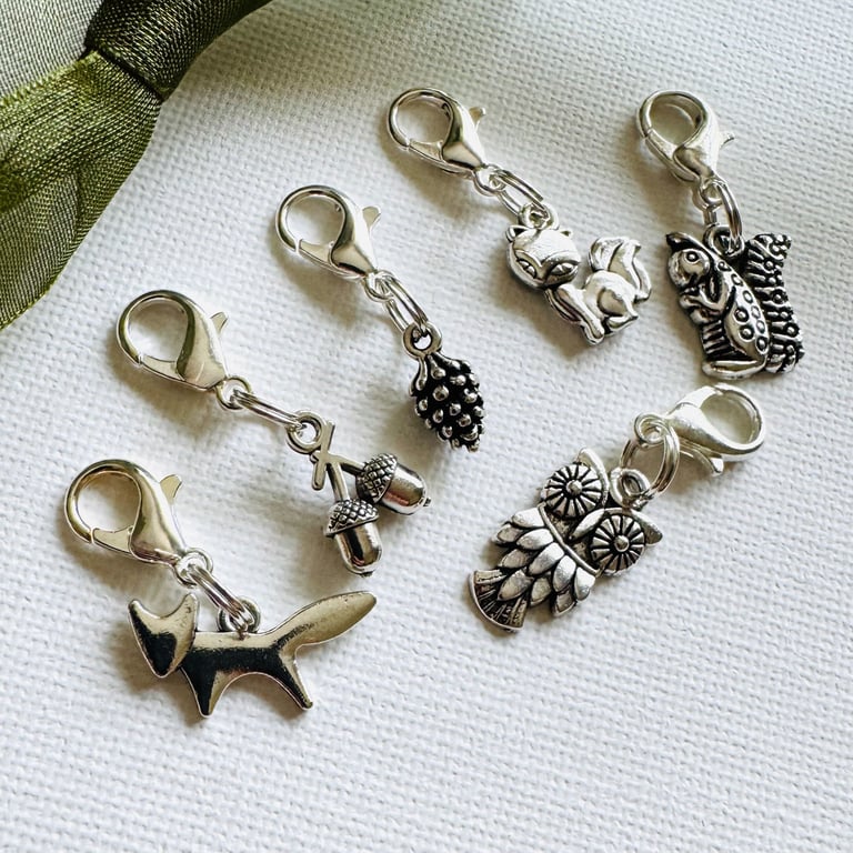 Woodland clip on charms, zipper pull, stitch markers   Set of 6