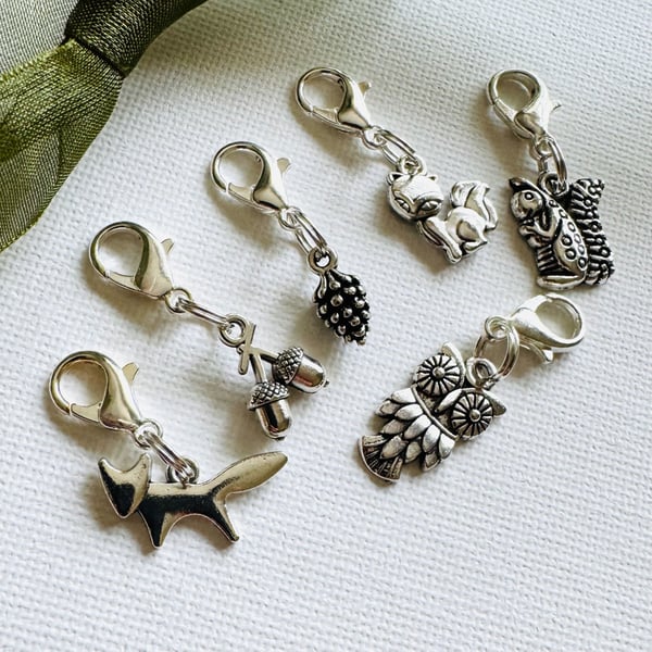 Woodland clip on charms, zipper pull, stitch markers   Set of 6