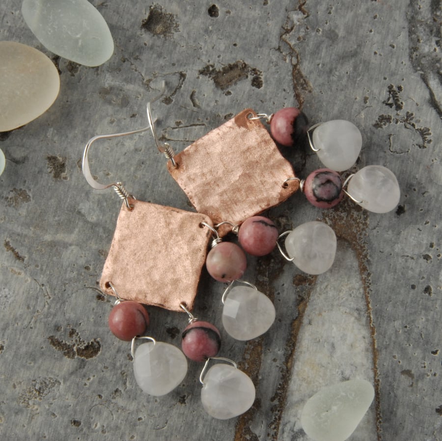 Copper, rhodonite and rose quartz dangle earrings