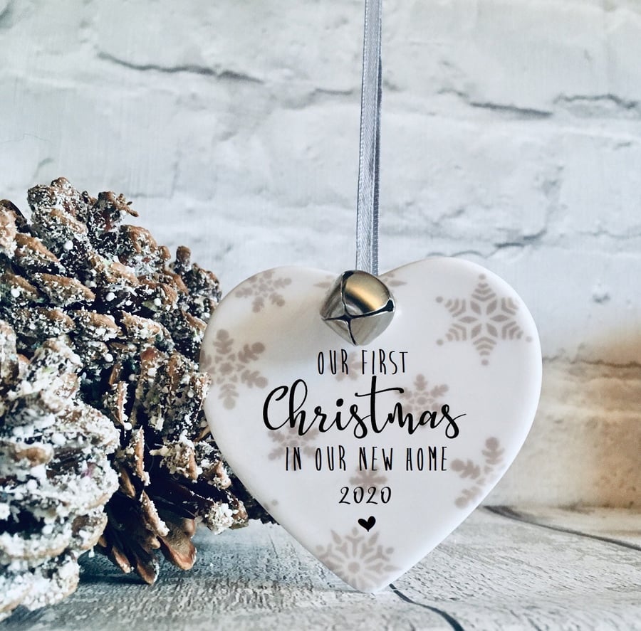 First Christmas new home bauble, personalised hanging heart, first home xmas
