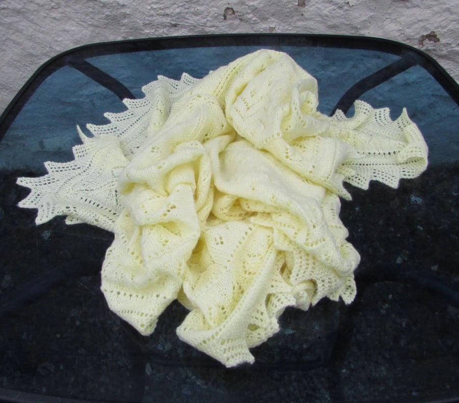 Yellow Babies Shawl, Lace Design, Hand Knit, 3ply, 55" square