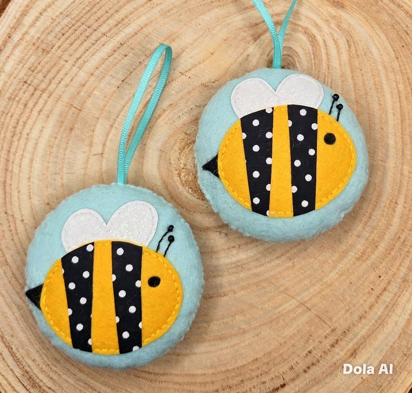 Whimsical Bee Felt Ornaments.  Handmade Hanging Decorations Spring Summer