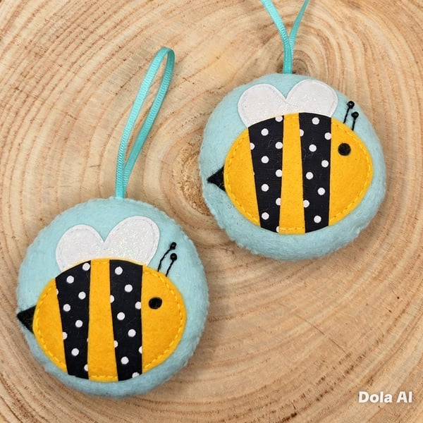 Whimsical Bee Felt Ornaments.  Handmade Hanging Decorations Spring Summer