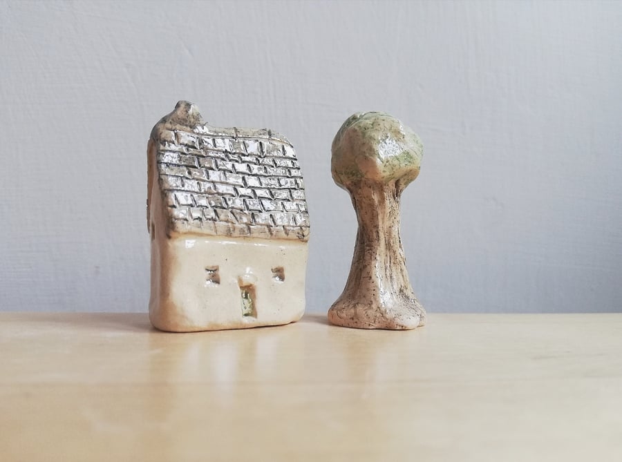 Miniature ceramic house & tree handmade with grey roof house gift 