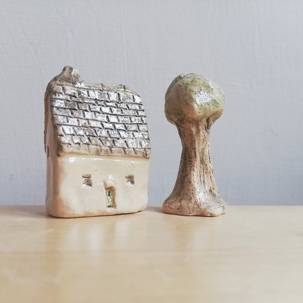 Miniature ceramic house & tree handmade with grey roof house gift 