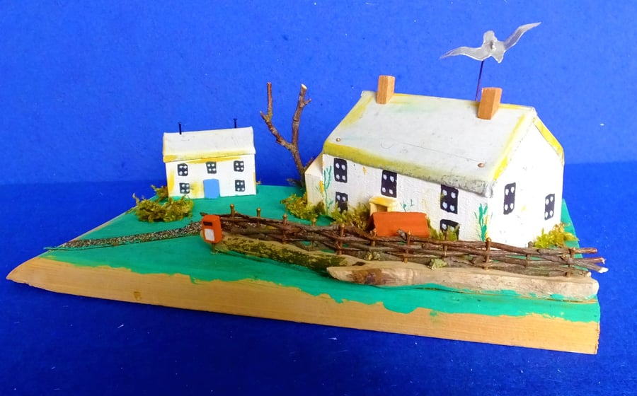 Pretty handpainted country cottage scene tree pond seagull interwoven fence well