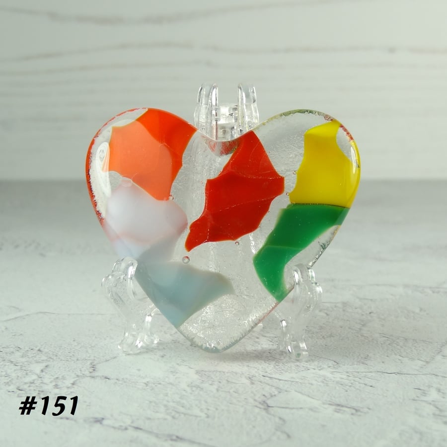 Fused glass heart multicoloured pocket hug with stand 5x4.5cm (151)