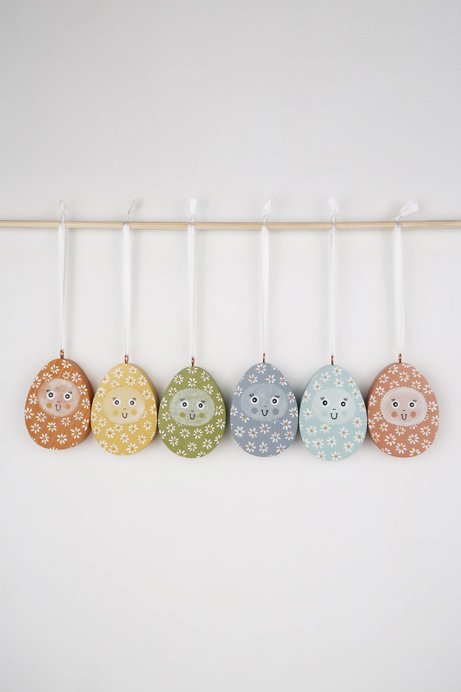 Easter egg hanging ornaments, set of 6 wooden pastel decorations, happy eggs