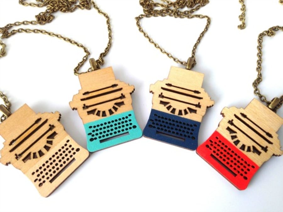 Mini Hand Painted Wooden Typewriter Necklace