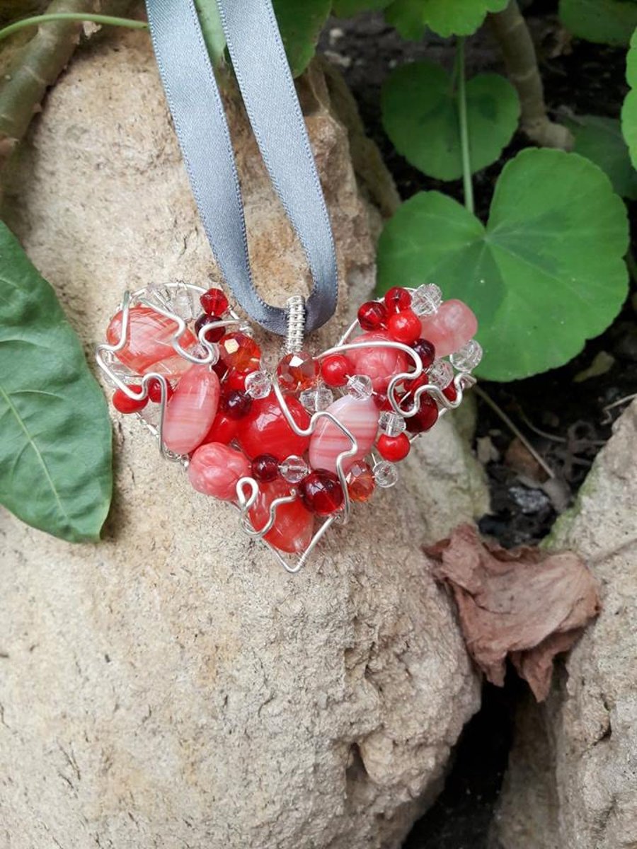 SALE 50% OFF Wire Wrapped Red Heart Pendant on ribbon 