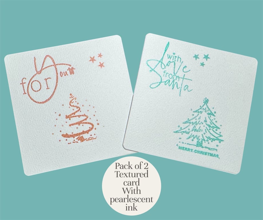  Pack of 2 Christmas tree cards in shimmery ink, for you,  love from Santa 