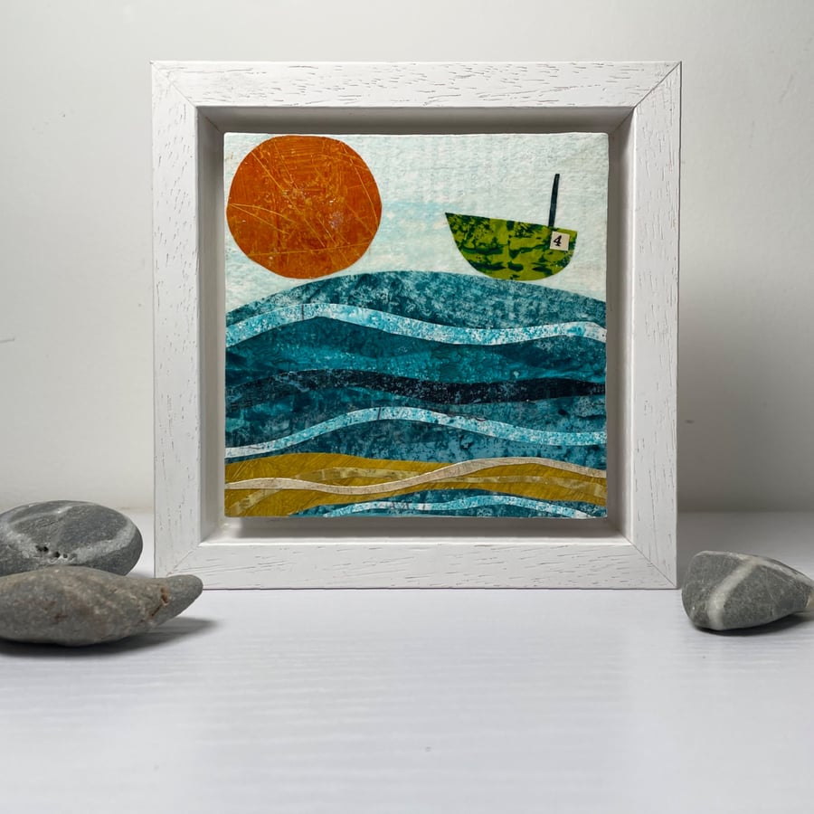 Original Seascape Green Boat, Sun and Sea Abstract Framed Art Painting 
