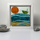 Original Seascape Green Boat, Sun and Sea Abstract Framed Art Painting 