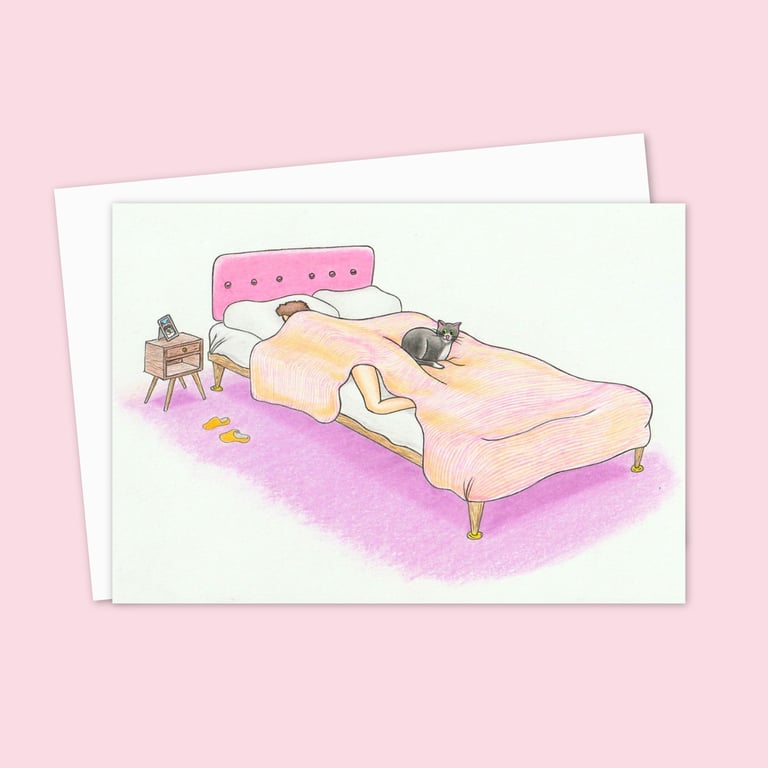 Cute Cat Greeting Card: Cosy Bed Cat Illustration (312)