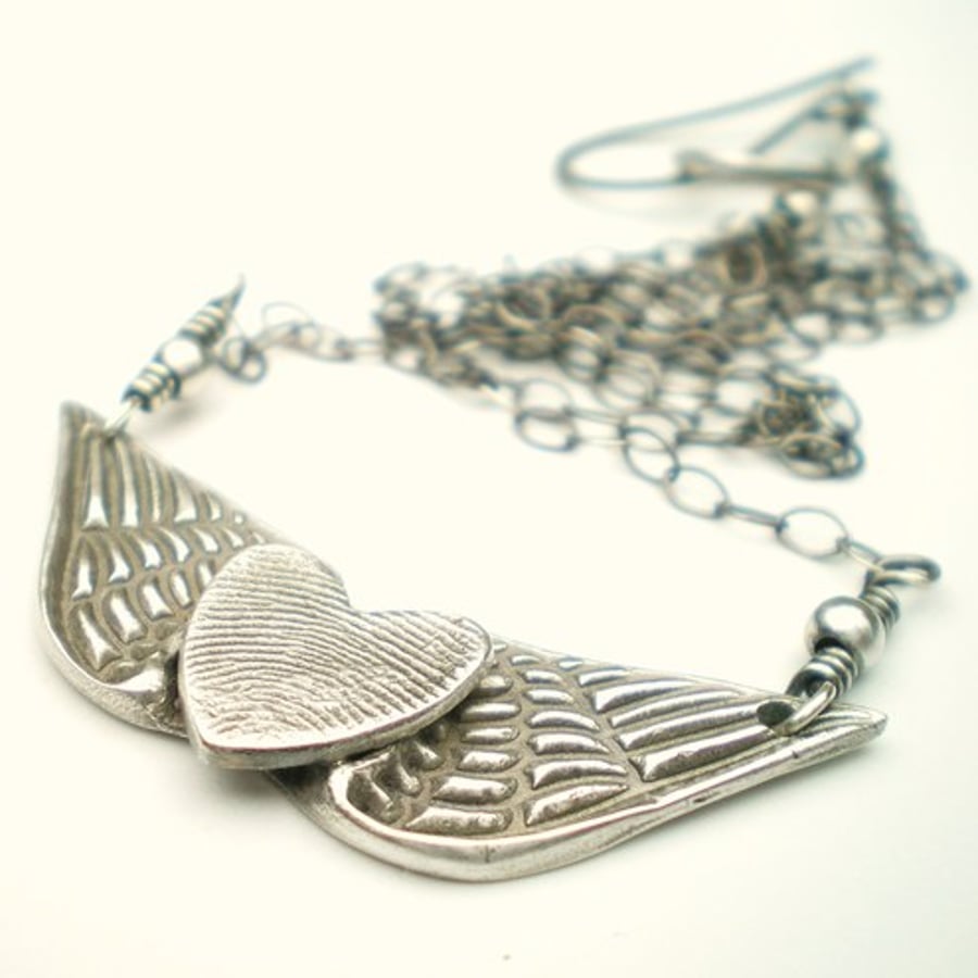 Angel Wings Silver Fingerprint Heart Pendant